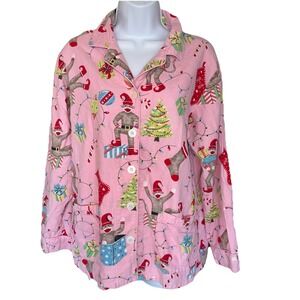 Nick & Nora Flannel Christmas Sock Monkey Santa Pajama Top Lights Trees Medium